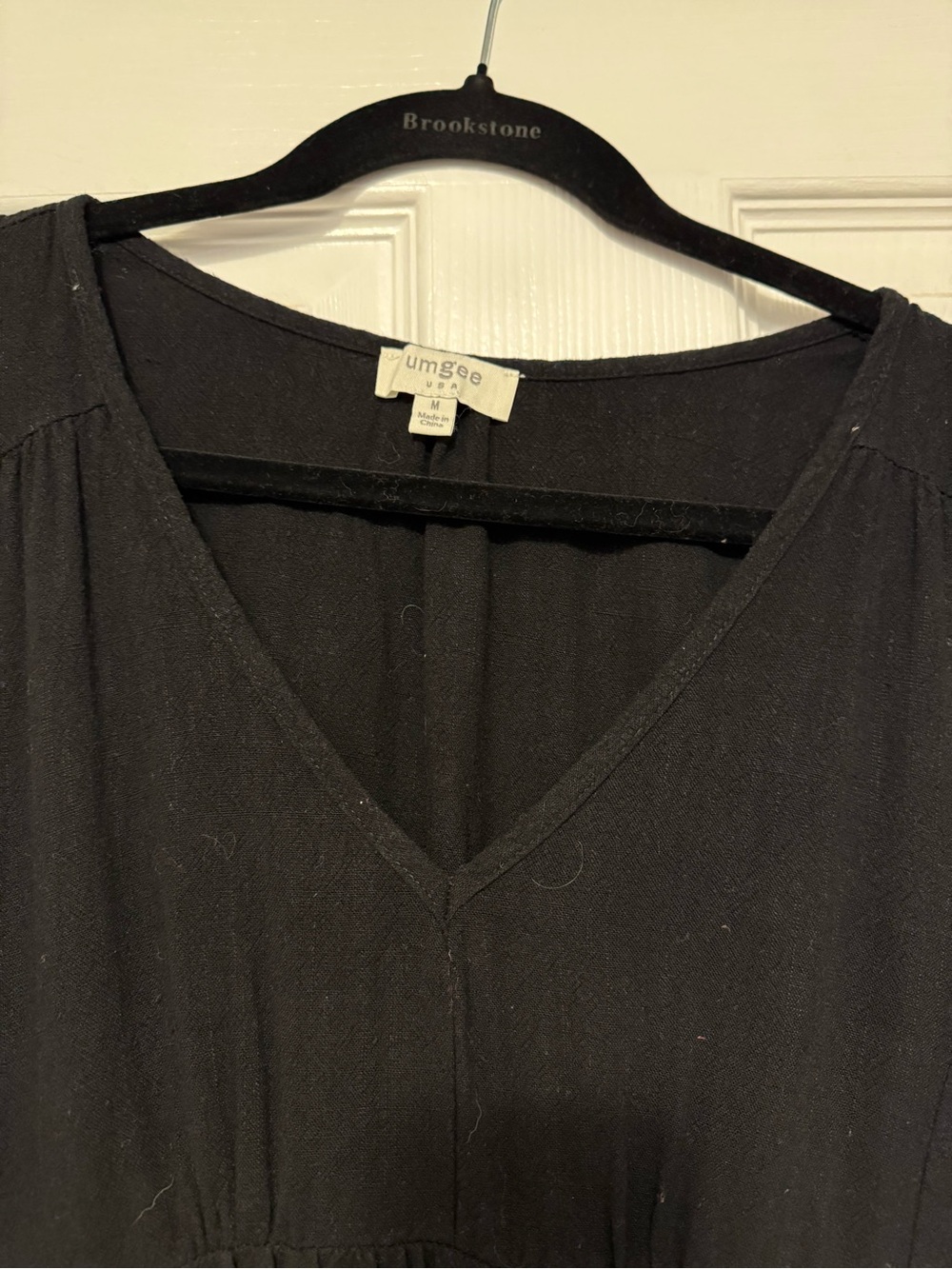 Umgee Black V-Neck Dress with Gathered Waist and Frayed Edges